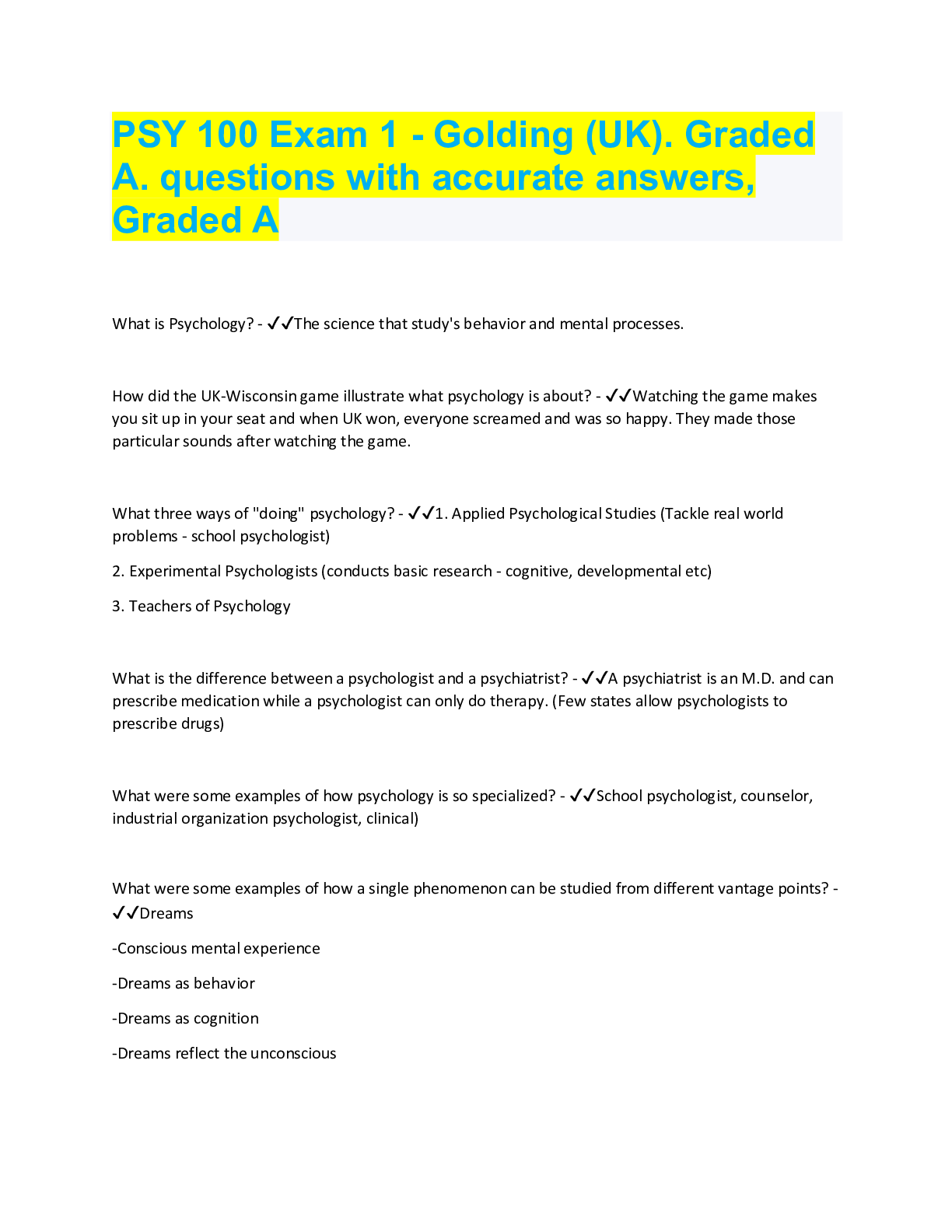 Preview image for PSY 100 Exam 1 - Golding (UK). Graded A. questions with accurate answers, Graded A